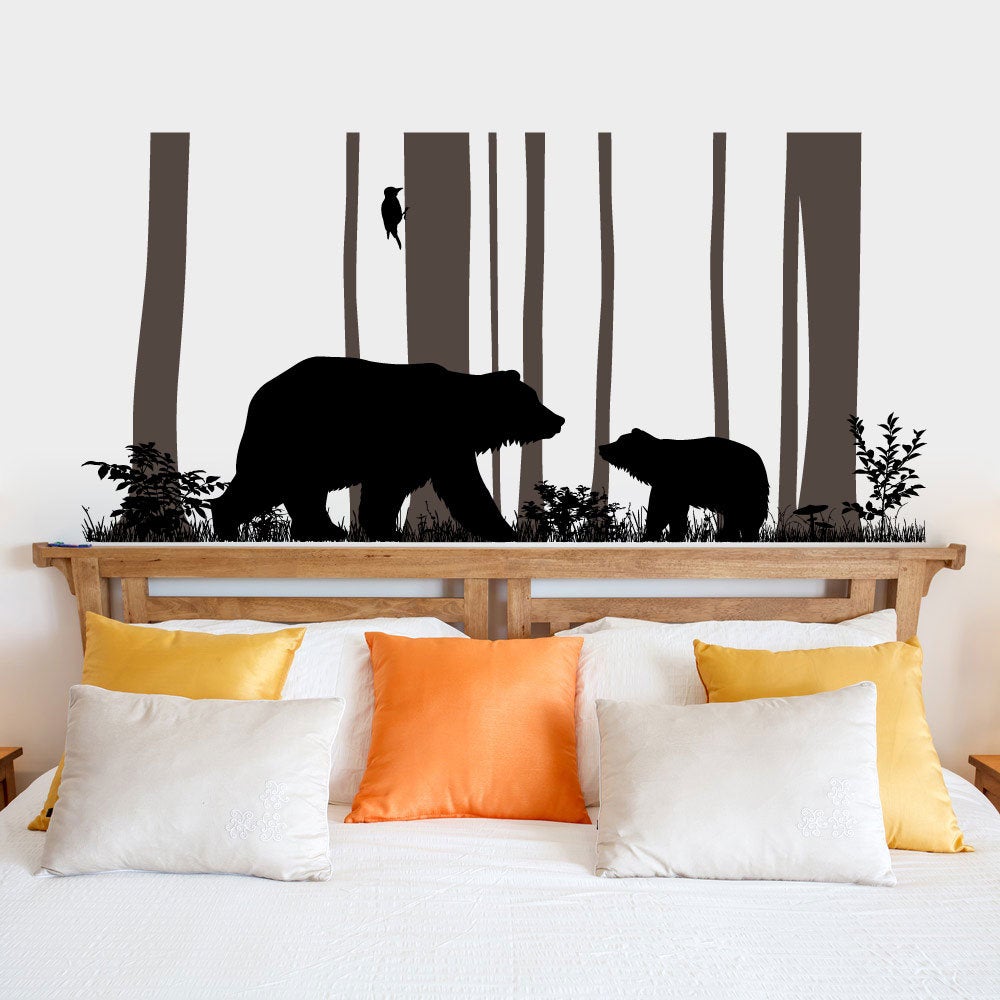 Bear and Cub with Trees Silhouette Spruce Vinyl Home Decor Wall Decal 