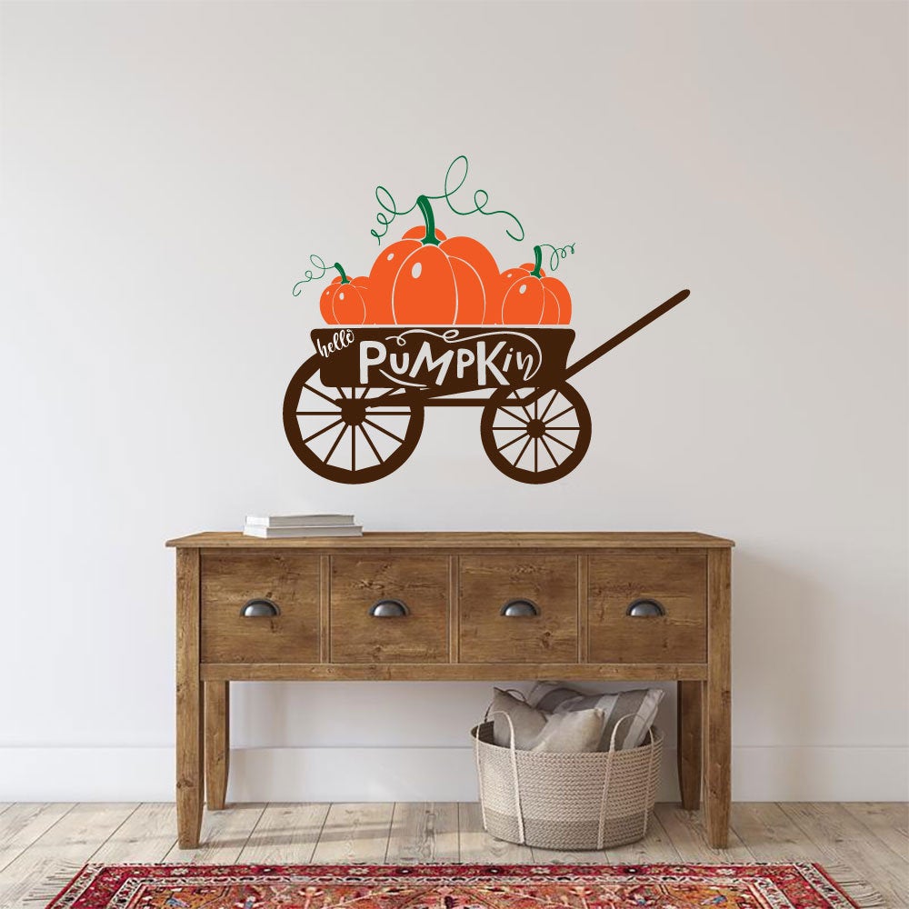 Hello Pumpkin Autumn Wagon Vinyl Home Decor Wall Decal Words 