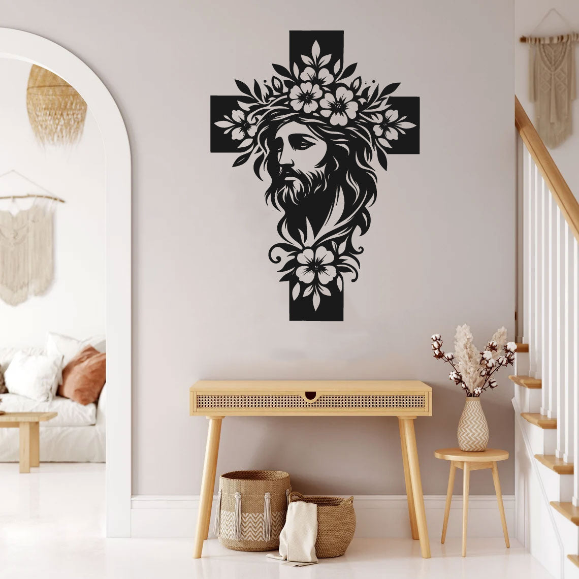 Jesus Floral Cross Silhouette Vinyl Wall Decal