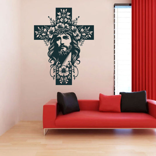 Jesus Floral Cross Silhouette Vinyl Wall Decal