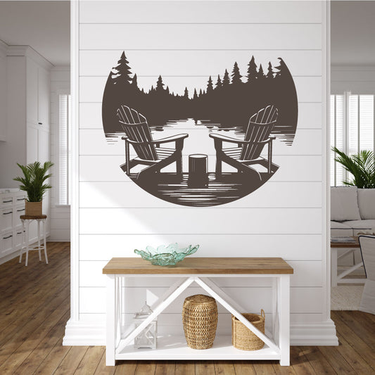 Lake Chairs and Pine Forest Silhouette Vinyl Wall Decal