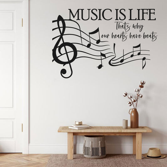 Music is Life That's Why Our Hearts Have Beats Vinyl Wall Words Decal