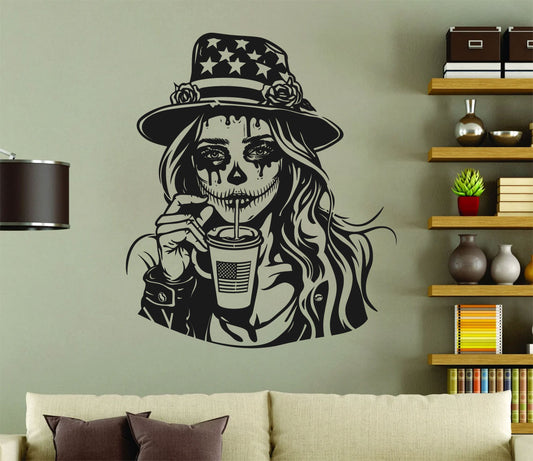 Patriotic Sugar Skull Girl and Hat Vinyl Wall Decal