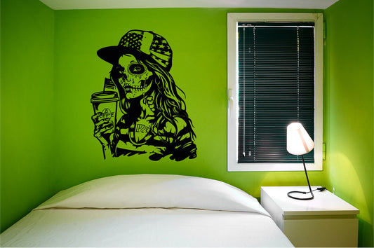 Patriotic Sugar Skull Girl and Baseball Hat Vinyl Wall Decal