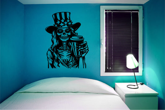 Patriotic Sugar Skull Girl and Hat Vinyl Wall Decal