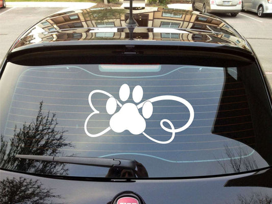 Dog Paw Print with Swirly Bone Vinyl Decal Sticker - White