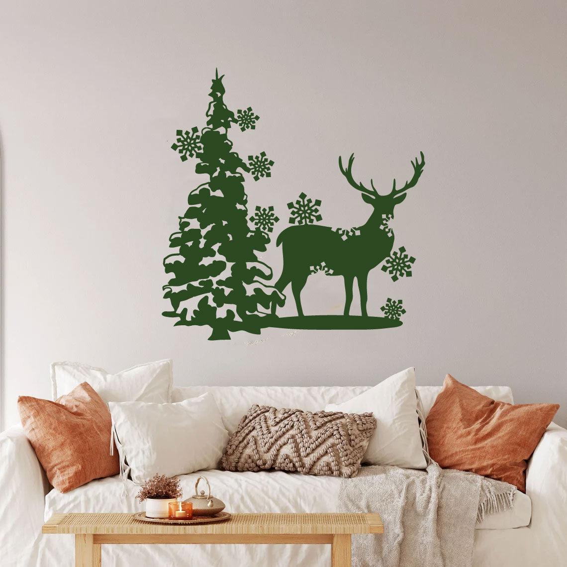 Reindeer and Tree Silhouette with Snowflakes Christmas Vinyl Wall Decal