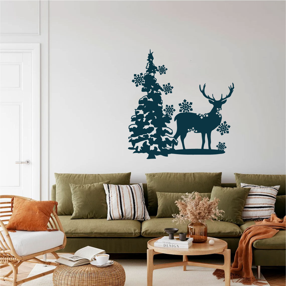 Reindeer and Tree Silhouette with Snowflakes Christmas Vinyl Wall Decal