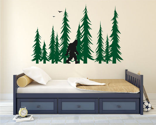 Bigfoot and Fir Pine Trees Silhouette Vinyl Wall Decal