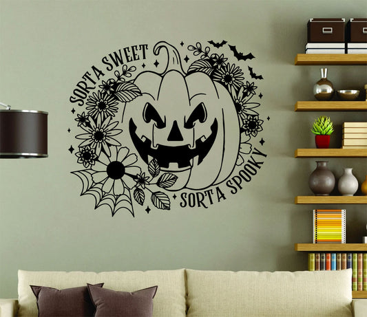 Sorta Sweet Sorta Spooky Pumpkin Jack-O-Lantern Flowers Vinyl Wall Decal Words