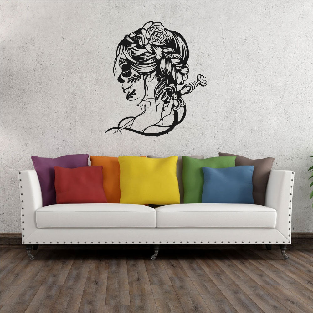 Sugar Skull Girl with Dagger and Rose Vinyl Wall Decal