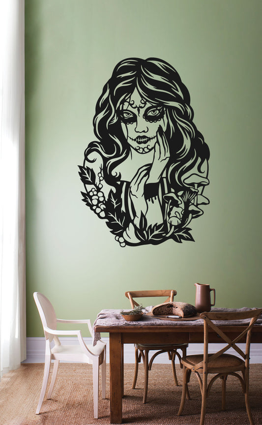 Sugar Skull Girl with Mushrooms Vinyl Wall Decal