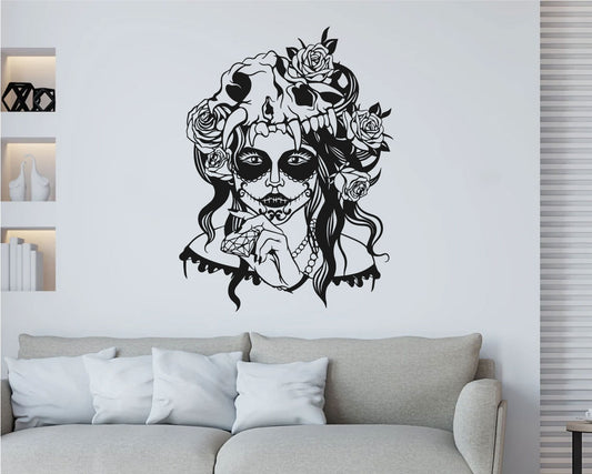 Sugar Skull Girl with Rose Vinyl Wall Decal