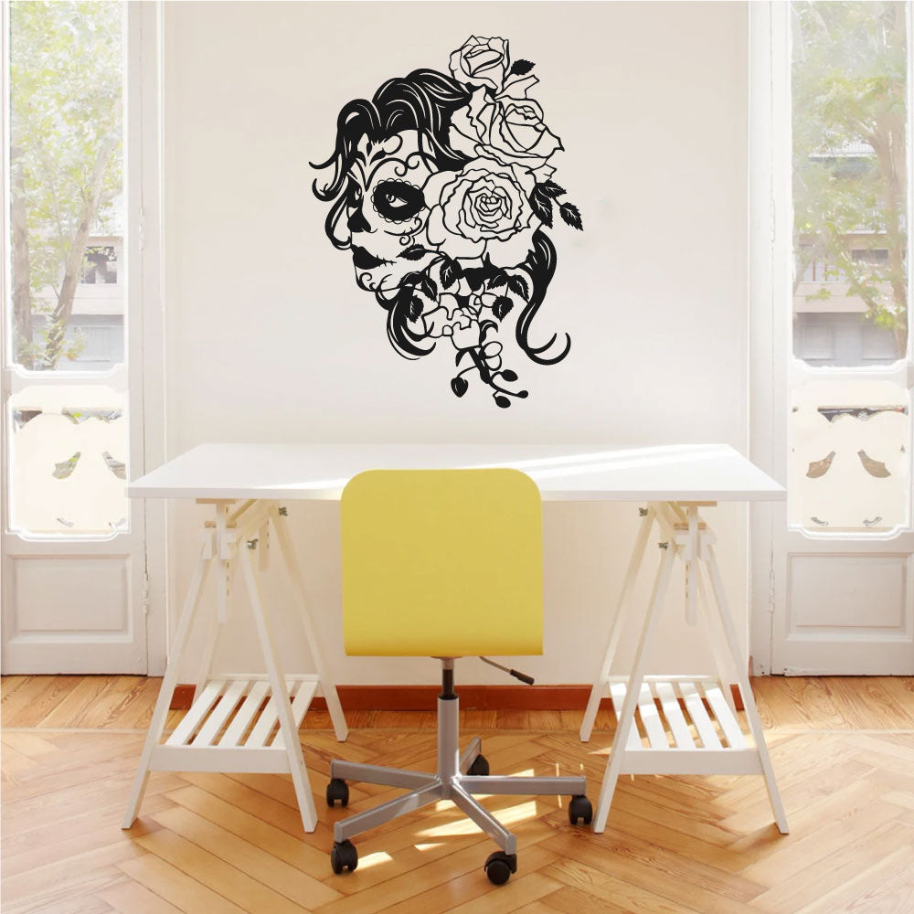 Sugar Skull Girl Roses Vinyl Wall Decal