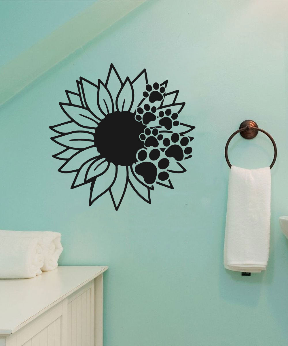 Sunflower and Dog Paw Prints Vinyl Wall Decal