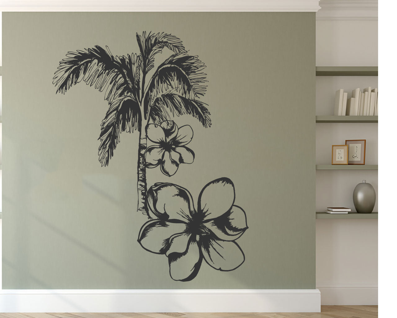 Tropical Palm Tree and Hibiscus Flowers Vinyl Wall Decal