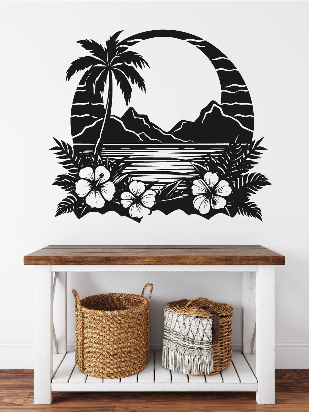 Tropical Palm Tree Flowers and Sunset Vinyl Wall Decal