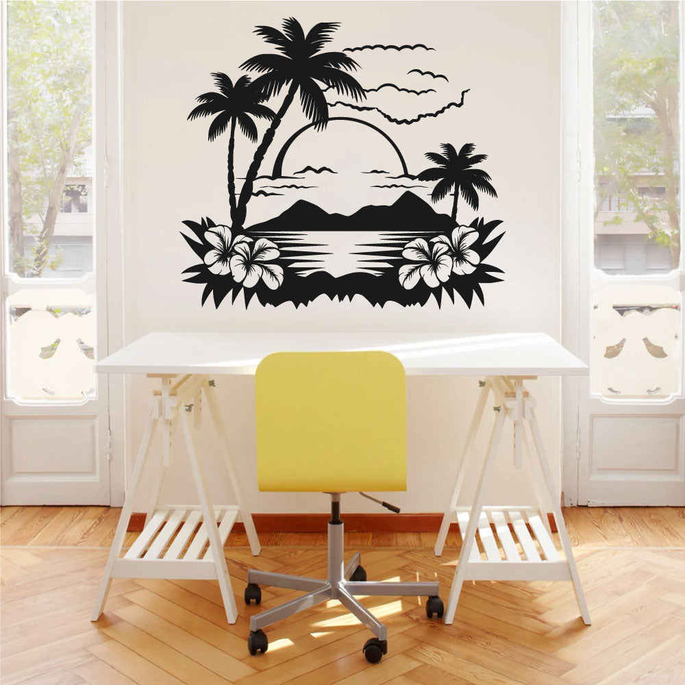 Tropical Palm Tree Flowers and Sunset Vinyl Wall Decal