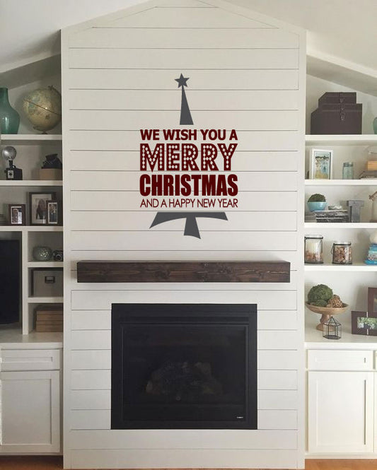 We Wish You A Merry Christmas and a Happy New Year with Tree Vinyl Wall Decal