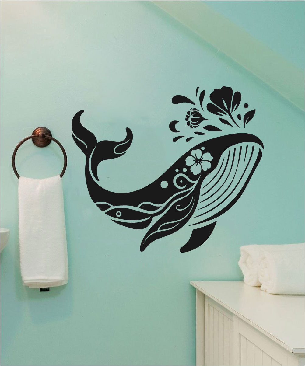 Tropical Whale with Hibiscus Vinyl Wall Decal